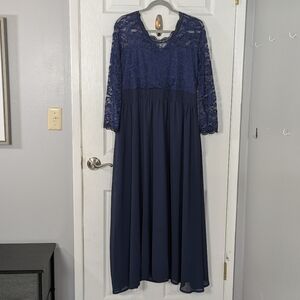 Lacey Navy Blue V-Neck Acevog Long Sleeve Formal Maxi Dress Plus Size XXL‎
